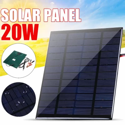 Carregador de bateria solar de 20W com mosquetão 12V Banco de energia solar Placa de carregador solar de polissilício portátil para bomba de lâmpada externa