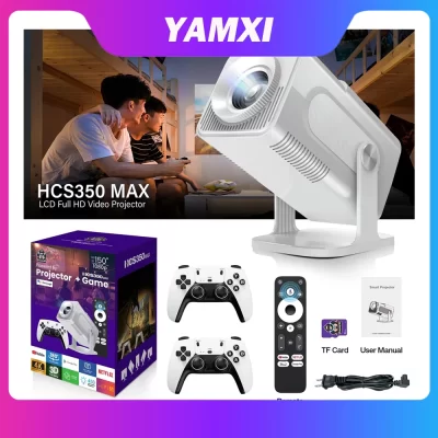 HCS350 Max Projetor de consola de jogos Home Theater branco atualizado com controlo de voz Projetor portátil 720P nativo com jogos de simulador