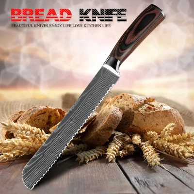 Xitou faca de cozinha para pão, design serrilhado, lâmina de aço inoxidável damasco a laser, facas de chef de 8 polegadas, ferramenta de bolo de queijo e pão