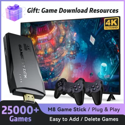 JMachen M8 Game Stick 4K Console de videogame mais de 25000 jogos para PS1/GBA/MAME/MD Game Player com controlador sem fio 2.4G para crianças