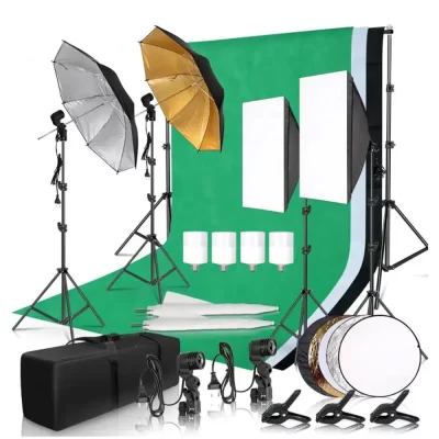 Kit de iluminação softbox para estúdio fotográfico, com moldura de fundo de 2.6x3m, 3 peças, tripé, placa refletora, 4 guarda-chuva