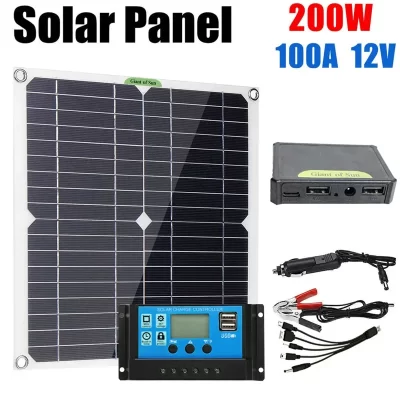 Conjunto de sistema de energia solar 200W, caixa de tomada USB dupla, controlador 12V 100A, kit de sistema de energia solar para casa, acampamento ao ar livre