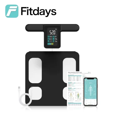 Balança de gordura corporal Fitdays com 8 eletrodos, balança digital de banheiro com 8 eletrodos para peso corporal e gordura, IMC, massa muscular 28 índice corporal