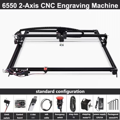 Máquina de gravação CNC com paragem de emergência, gravador laser preto, 2 eixos, área de trabalho 65x50cm, 20W, 6550, madeira cortada, escultura, metal, novo