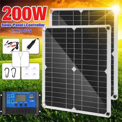 Kit de painel solar 200w 12v com controlador 60a, carregador de energia solar portátil usb para banco, bateria, acampamento, carro, barco, rv, placa solar