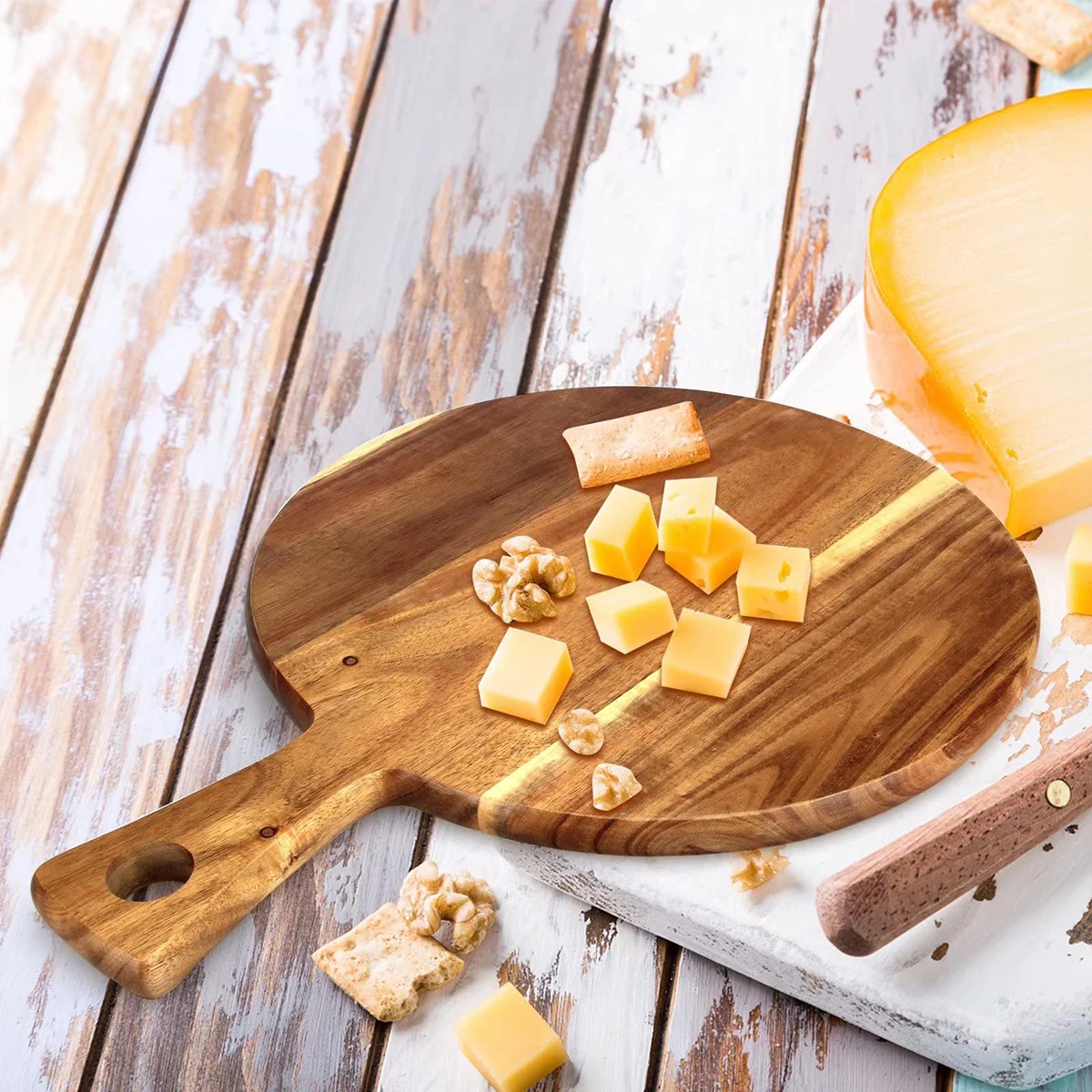 Tábua de cortar madeira redonda para pizza, cozinha de madeira, tábua de servir carne, queijo, charcutaria, com alça, novo artesanato - Image 5