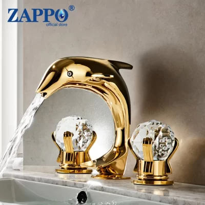Zappo torneira do banheiro ouro deck montado cachoeira bacia pia com alças daimond misturador de água quente e fria golfinho