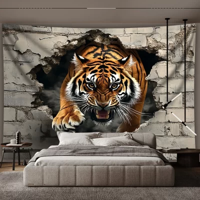 Tapeçaria de parede 3D com explosão de tigre – perfeita para adicionar estilo dramático e ousado para qualquer decoração de quarto, ideal para uso doméstico