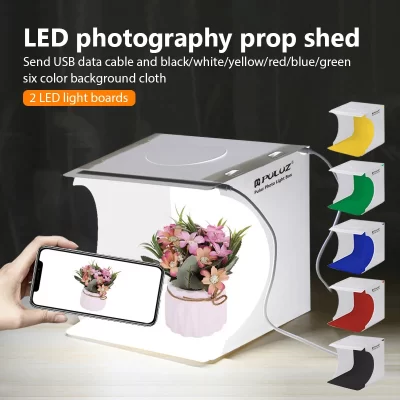 Puluz 20cm mini 2 painéis led dobrável portátil 1100lm luz foto iluminação estúdio tiro tenda caixa kit com 6 cores cenários