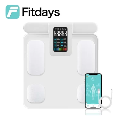 Balança inteligente Fitdays para peso corporal e gordura, balanças de corpo inteiro com 8 eletrodos com IMC, gordura corporal, massa muscular, alça digital Displa