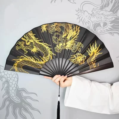 Guanyin coração sutra dragão dourado grande ventilador dobrável durável ventilador de mão feito de bambu decoração para casa ano do dragão presente fã