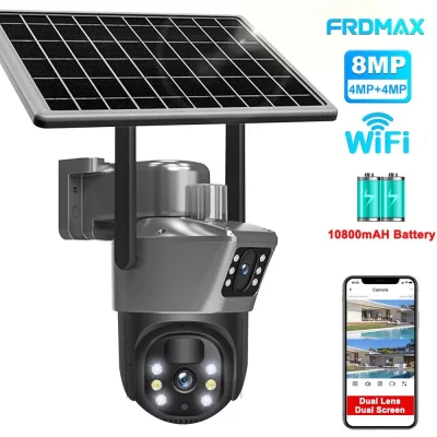 8MP 4K WiFi Câmera Solar, Câmera de Segurança Wireless Externa, Deteção Humana PIR, Câmeras de Vigilância CCTV, Com Painel Solar, Câmera IP PTZ de Lente Dupla, Proteção de Segurança