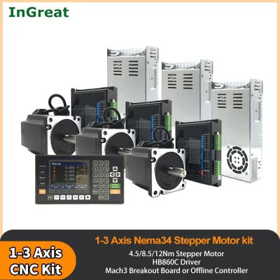 Kit controlador de fonte de alimentação para motor de passo nema34, 1-3 eixos, 4.5/8.5/12nm, 86mm, 6a e mach3/controlador offline para roteador cnc