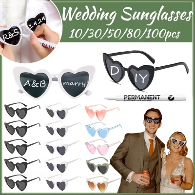 100-10 pçs diy óculos de sol de casamento personalizado coração óculos de sol com caneta óculos de festa de despedida de solteira presentes de dama de honra para convidados