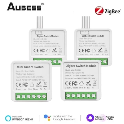 AUBESS Tuya ZigBee Switch Mini Smart Switch 1/2/3/4gang Relé de controle bidirecional Casa inteligente via Alexa Google Home Alice Smart Life
