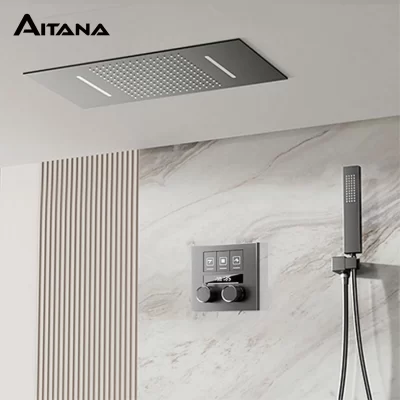 AITANA Torneira de banheiro luxuosa de latão preto com design de display digital de temperatura constante Chuveiro de parede de controle duplo frio e quente