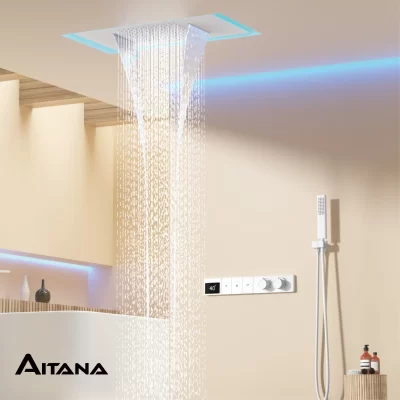 Sistema de chuveiro de latão branco de luxo com display digital inteligente com design oculto Controle duplo de torneira montada na parede quente e fria