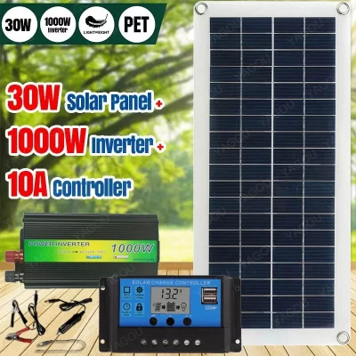 Kit de painel de sistema solar inversor de 1000 W 30 W completo com controlador Conjunto de carga de bateria de 12 V para acampamento de carro em casa