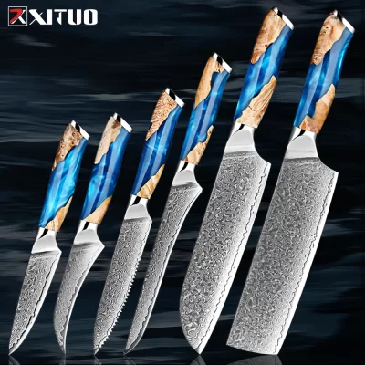 Conjunto de facas de cozinha damasco 1-6, aço damasco japonês santoku faca utilitária faca de desossa, faca de cozinha cabo ergonômico