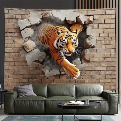 Tapeçaria de parede 3D com explosão de tigre – perfeita para adicionar estilo dramático e ousado para qualquer decoração de quarto, ideal para uso doméstico