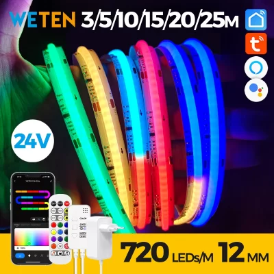 Fita de luz LED LED COB RGBIC Smart WIFI Tuya, endereçável, flexível, RGB Neon LED Light 24V, controle por aplicativo, suporte Alexa Google Home