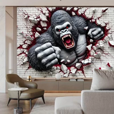 Tapeçaria de parede 3D Furious Gorilla estourando - perfeita para adicionar estilo dramático e ousado para qualquer decoração de quarto