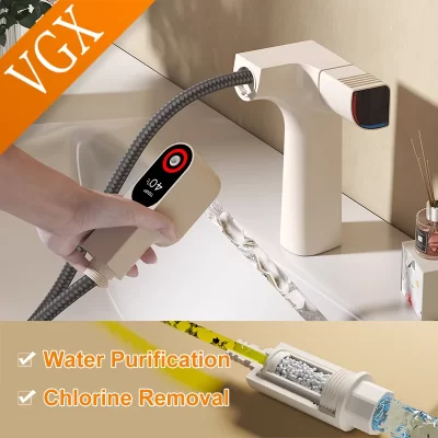 Vgx torneiras de banheiro purificadas, torneira com filtro de água removível, misturador de pia branca, display led gourmet, guindaste de latão