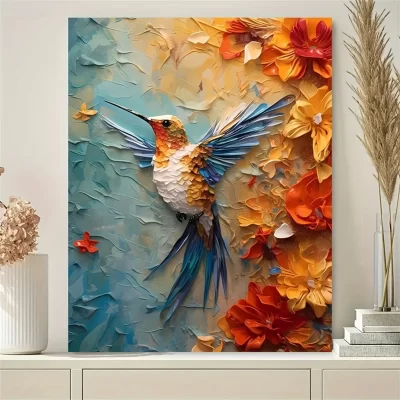 Colibri vibrantes e textura 3D floral impressão artística em tela - sem moldura, decoração de parede luxuosa para casa, quarto, cozinha, sala de estar