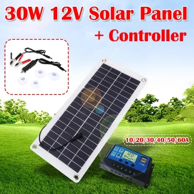 Carregador de energia solar poli da bateria do outdroor do controlador da placa 10-60a do painel solar da saída dupla de usb do jogo 30w 12v do painel solar