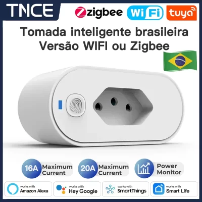 TNCE Tuya Brasil Plug 16/20A, tomada wifi ou zigbee com Power Monitor, adaptador de tomada inteligente Tipo N, APP Smart life, Voz com Google Home Alexa
