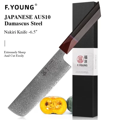 F.YOUNG Faca Nakiri de 6,5 polegadas em aço damasco forjada à mão facas de chef japonesas cozinha para fatiar legumes cutelo ferramentas de cozinha