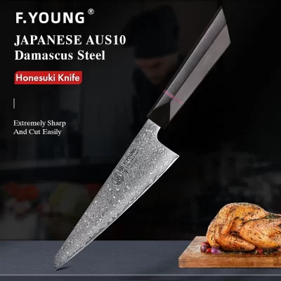 F.YOUNG 6 "Faca Honesuki Damasco Aço Profissional Facas de Chef Cozinha Afiado Japonês Mão Forjada Utilitário Desossa Ferramenta de Cozinha