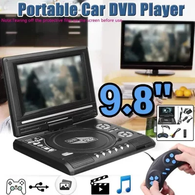 Alta Claridade DVD Player Portátil, Função TV, Leitor de Cartão Embutido, Tela Giratória, DVD Player Móvel para Viagem, 9,8 polegadas