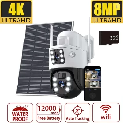 8mp 4k wifi câmera solar ao ar livre sem fio cctv câmera de vigilância com painel solar lente dupla ptz câmera ip proteção segurança