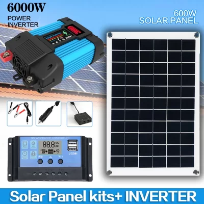 Sistema de painel solar de 12v a 110v/220v, 600w, controlador de carga de bateria, 6000w, kit de inversor solar, geração de energia completa