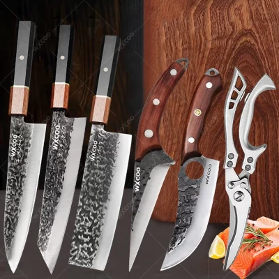 Cutelo de carne em aço inoxidável, faca para cortar carne, cozinha, chef, açougueiro, cabo de madeira, tesoura afiada, cozinha