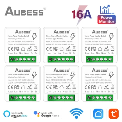 AUBESS Tuya MiNi WiFi Smart Switch Monitor de energia 16A Temporizador de controle bidirecional Módulo de interruptor sem fio Smart Life Alexa Google Home