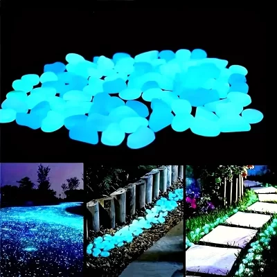 Brilham no escuro seixos de resina, pedras luminosas para paisagem, caminhos de jardim, plantas em vasos, parque, decoração do aquário, 100pcs