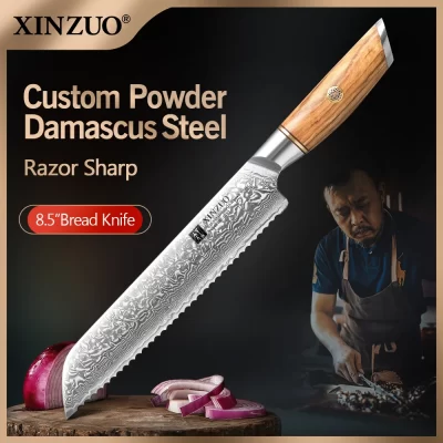 XINZUO-Personalizado Damasco Faca De Pão De Aço, Bolo Servindo Cortador, Lâmina Serrilhada Afiada, Facas De Cozinha com Punho De Oliveira, 8,5"