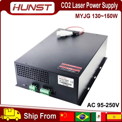 Fonte de alimentação a laser CO2 HUNST MYJG 130W suporta tensão de 95 ~ 250V e é usada para máquinas de gravação e corte a laser de 130-150W.