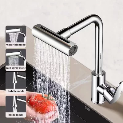 Retractable Faucet Four-speed Waterfall Hot and Cold Water Extendable Universal Rotating Kitchen Basin Faucet