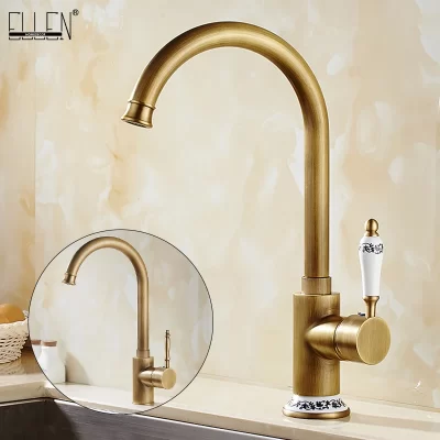 Ellen bronze antigo torneira da cozinha misturador de água quente e fria guindaste deck montado único furo pia da cozinha 360 rotação el977