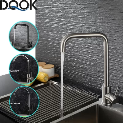 Dqok preto torneiras de cozinha misturador de cozinha de aço inoxidável único punho único furo torneira da cozinha escovado níquel misturador pia