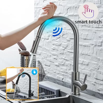 DQOK Kitchen Faucet Retire Escovado Nickle Sensor Aço Inoxidável Preto Indução Inteligente Mixed Tap Touch Control Sink Tap