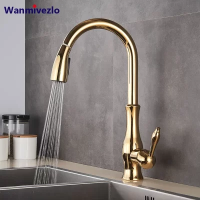 Ouro pull out torneira da cozinha pull down spray misturador de cozinha único punho torneira misturadora giratória 360 graus torneira misturadora de cozinha