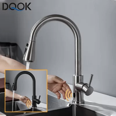 Torneira inteligente sem toque para cozinha, torneira com sensor infravermelho escovado, preto/níquel, torneiras misturadoras de água infravermelha
