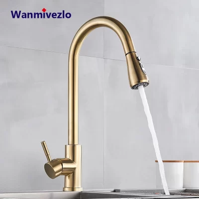 Ouro escovado pull out torneiras de cozinha rotação 360 misturador da cozinha única alavanca misturadora pia da cozinha água quente fria