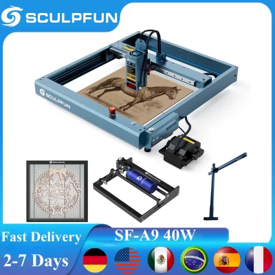 Máquina de gravação a laser SCULPFUN SF-A9 com assistência automática de ar 400 * 400mm Área de trabalho 20W / 40W Cortador e gravador a laser CNC