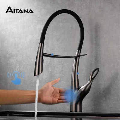 Torneira de cozinha luxuosa de latão cinza com design de toque inteligente, alça única, água quente e fria, sucção magnética, torneira de pia