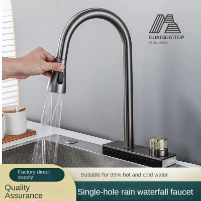 Cachoeira torneira da cozinha pode puxar latão frio e quente único furo pia bacia múltiplas saída de água rotação voando chuva torneira